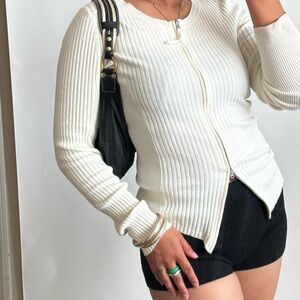 VTG 2000s Express Cream Long Sleeve Ribbed Knit Zip Top Fitted Size/Large